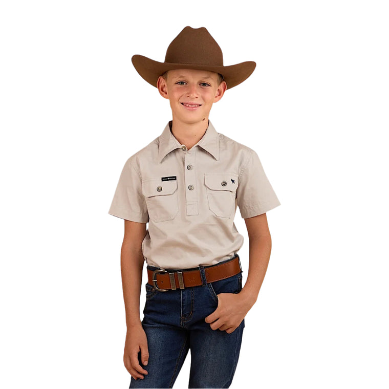 Ringers Western Kid's Ord River Half Button Short Sleeve Shirt - Beige