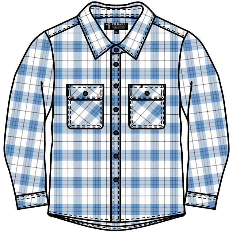 Pilbara Kid's Open Front Flannelette Shirt - Blue/Brown/White