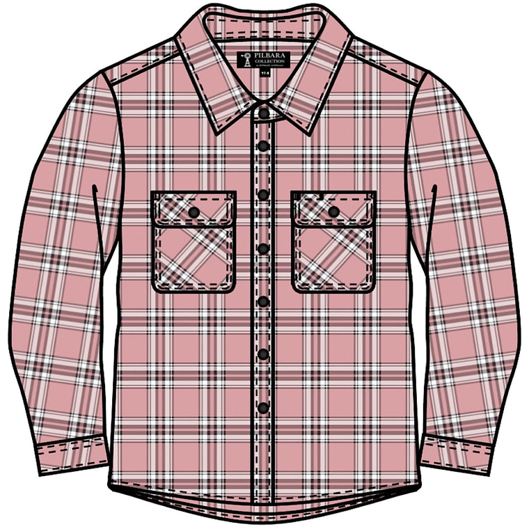 Pilbara Kid's Open Front Flannelette Shirt - Dusty Pink / Taupe / White