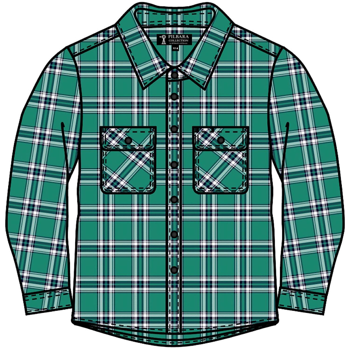 Pilbara Kid's Open Front Flannelette Shirt - Green / Navy / White