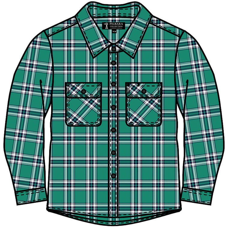 Pilbara Kid's Open Front Flannelette Shirt - Green / Navy / White