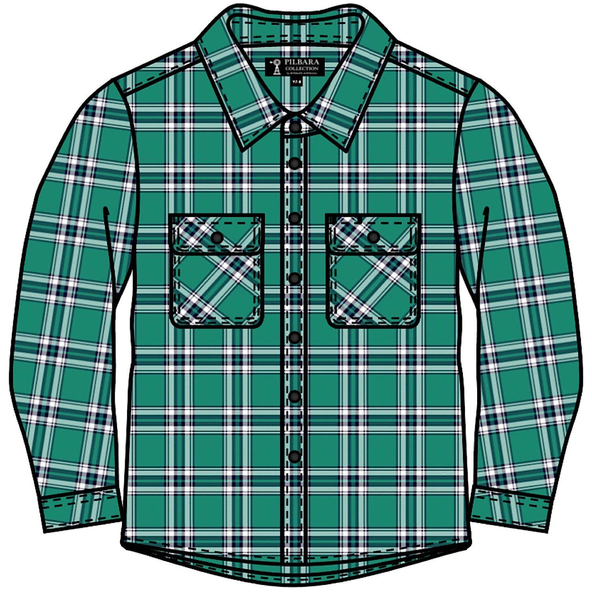 Pilbara Kid's Open Front Flannelette Shirt - Green / Navy / White