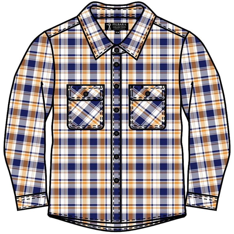 Pilbara Kid's Open Front Flannelette Shirt - Navy / Yellow / White