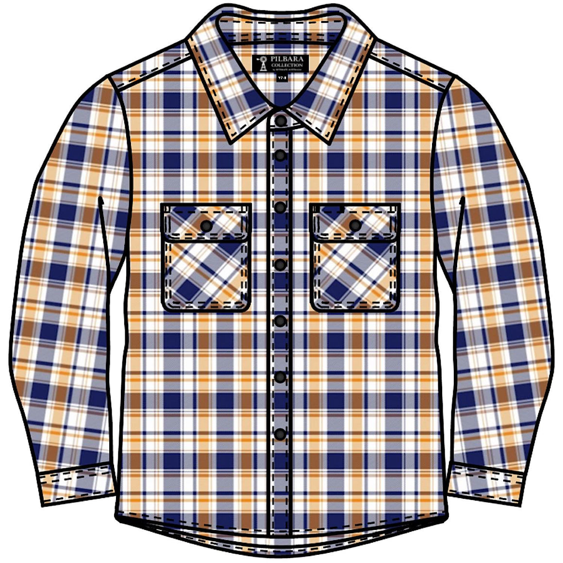 Pilbara Kid's Open Front Flannelette Shirt - Navy / Yellow / White