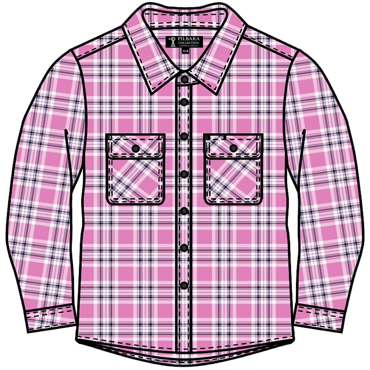 Pilbara Kid's Open Front Flannelette Shirt - Pink / Navy / White