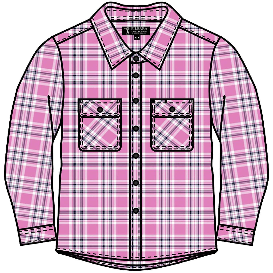 Pilbara Kid's Open Front Flannelette Shirt - Pink / Navy / White