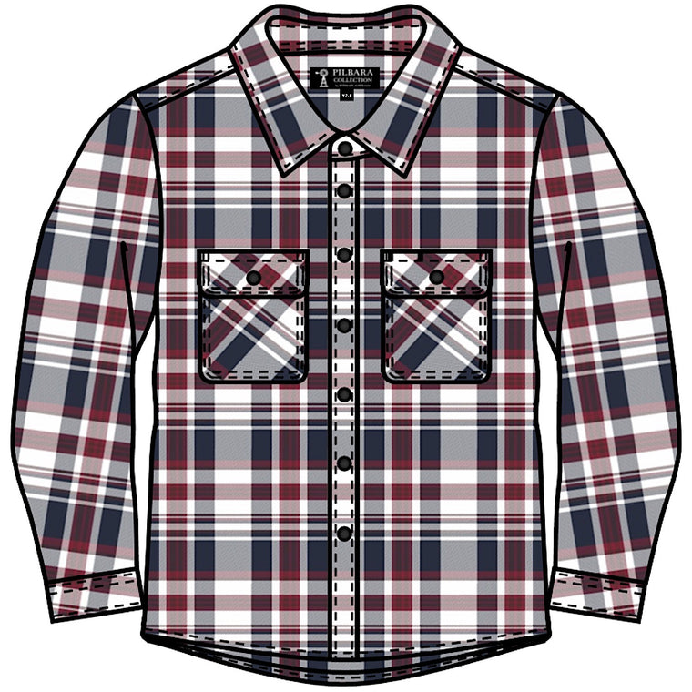 Pilbara Kid's Open Front Flannelette Shirt - Red/Blue/White