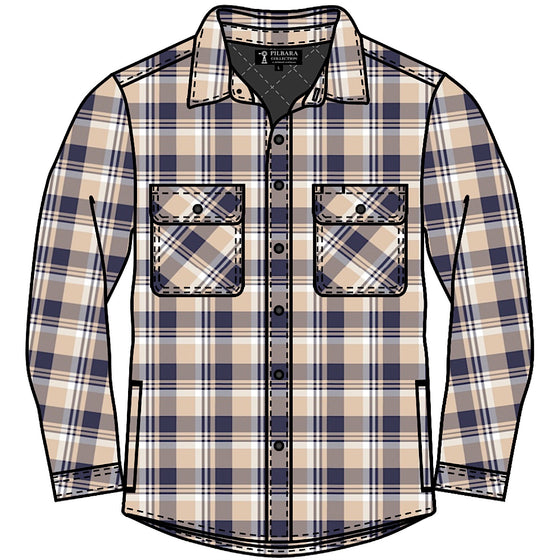 Pilbara Men's Full Button Flannelette Quilted Shirt - Navy / Beige / White