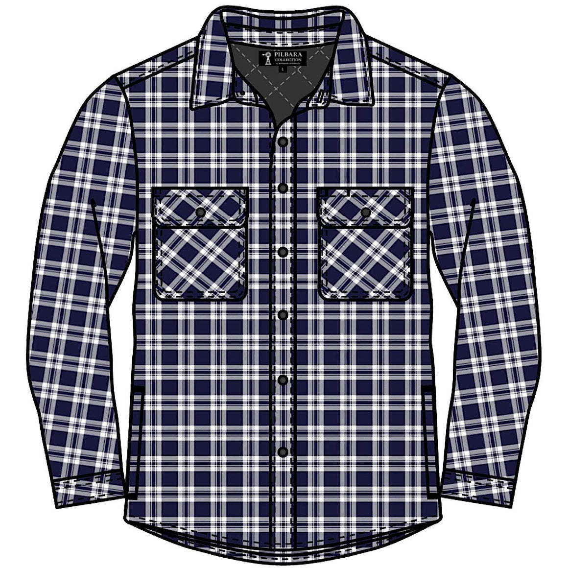 Pilbara Men's Full Button Flannelette Quilted Shirt - Navy / White