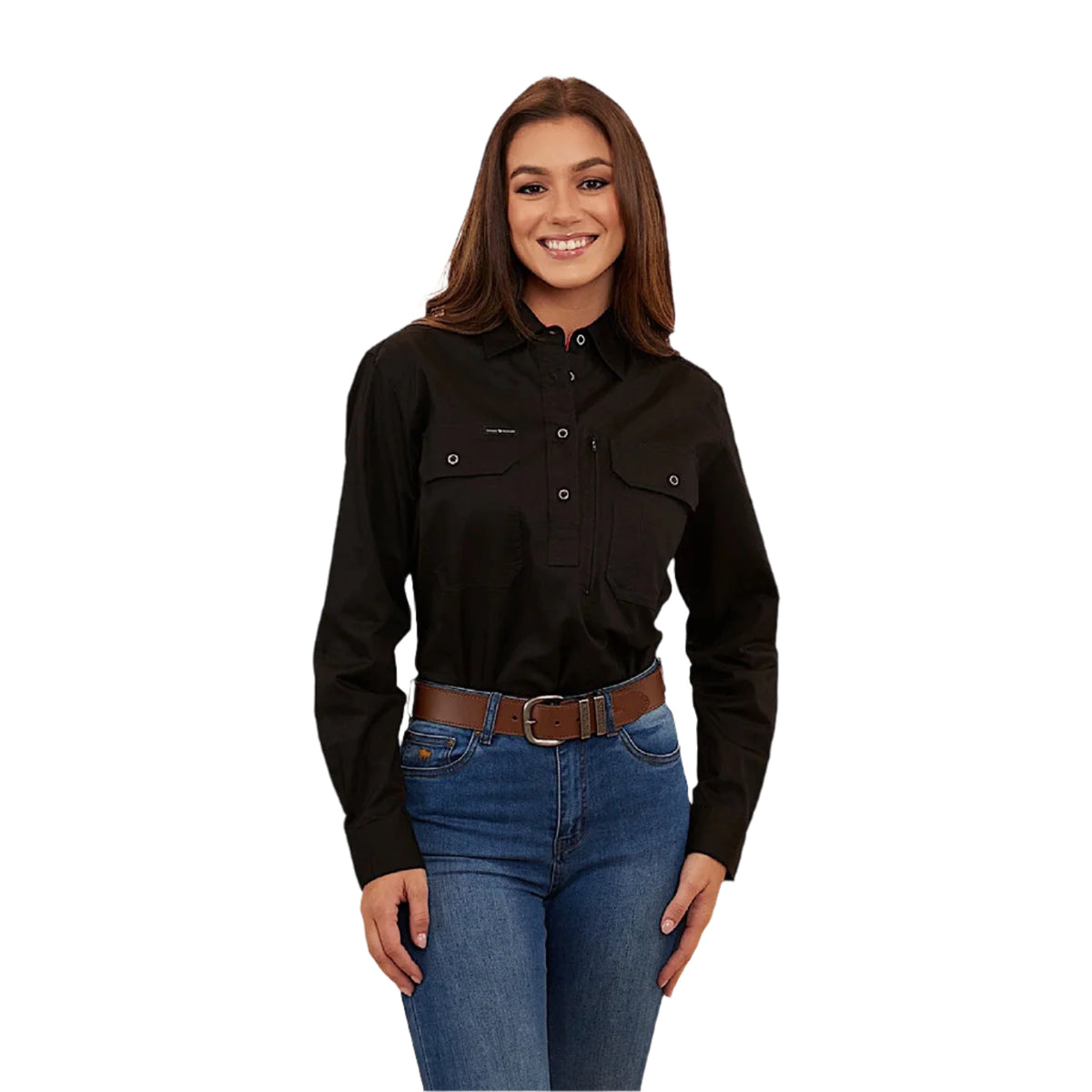 Ringers Western Women’s Hereford Half Button Work Shirt - Black/Melon