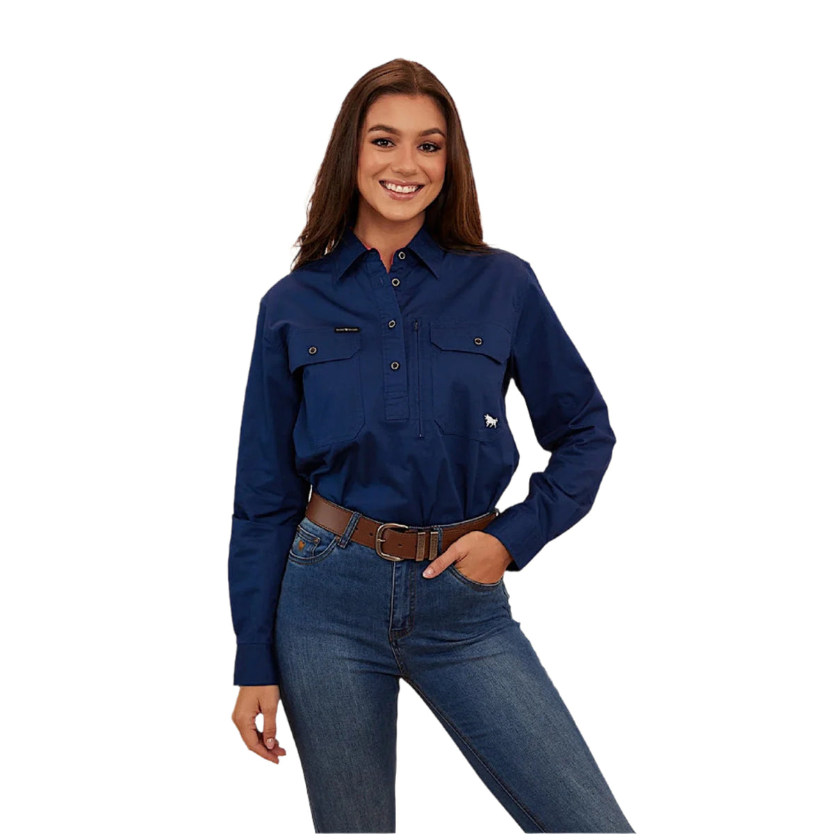 Ringers Western Women’s Hereford Half Button Work Shirt - Navy/Melon