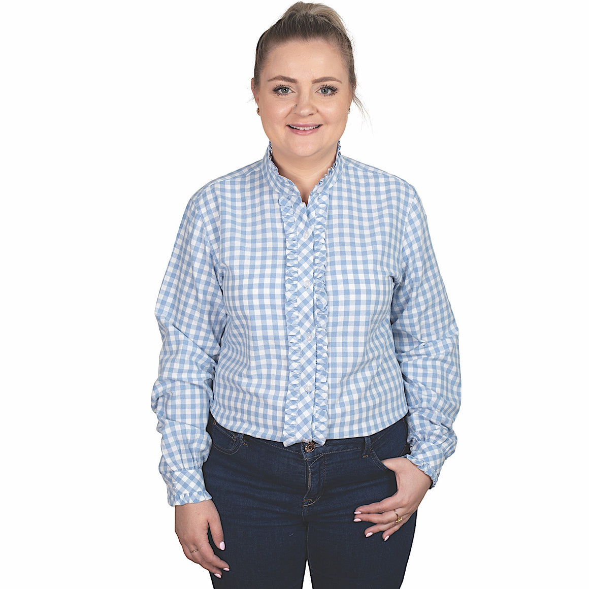 Just Country Women's Abbey Frills Full Button Work Shirt - Cornflower Blue Check