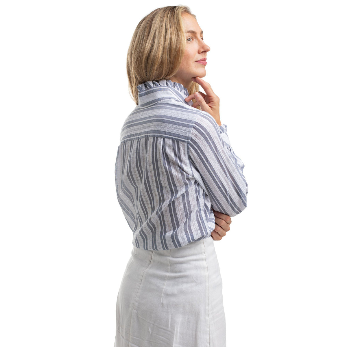 Just Country Women's Abbey Frills Full Button Workshirt - Indigo Blue & White Lace