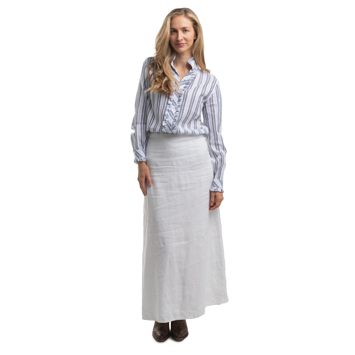 Just Country Women's Abbey Frills Full Button Workshirt - Indigo Blue & White Lace