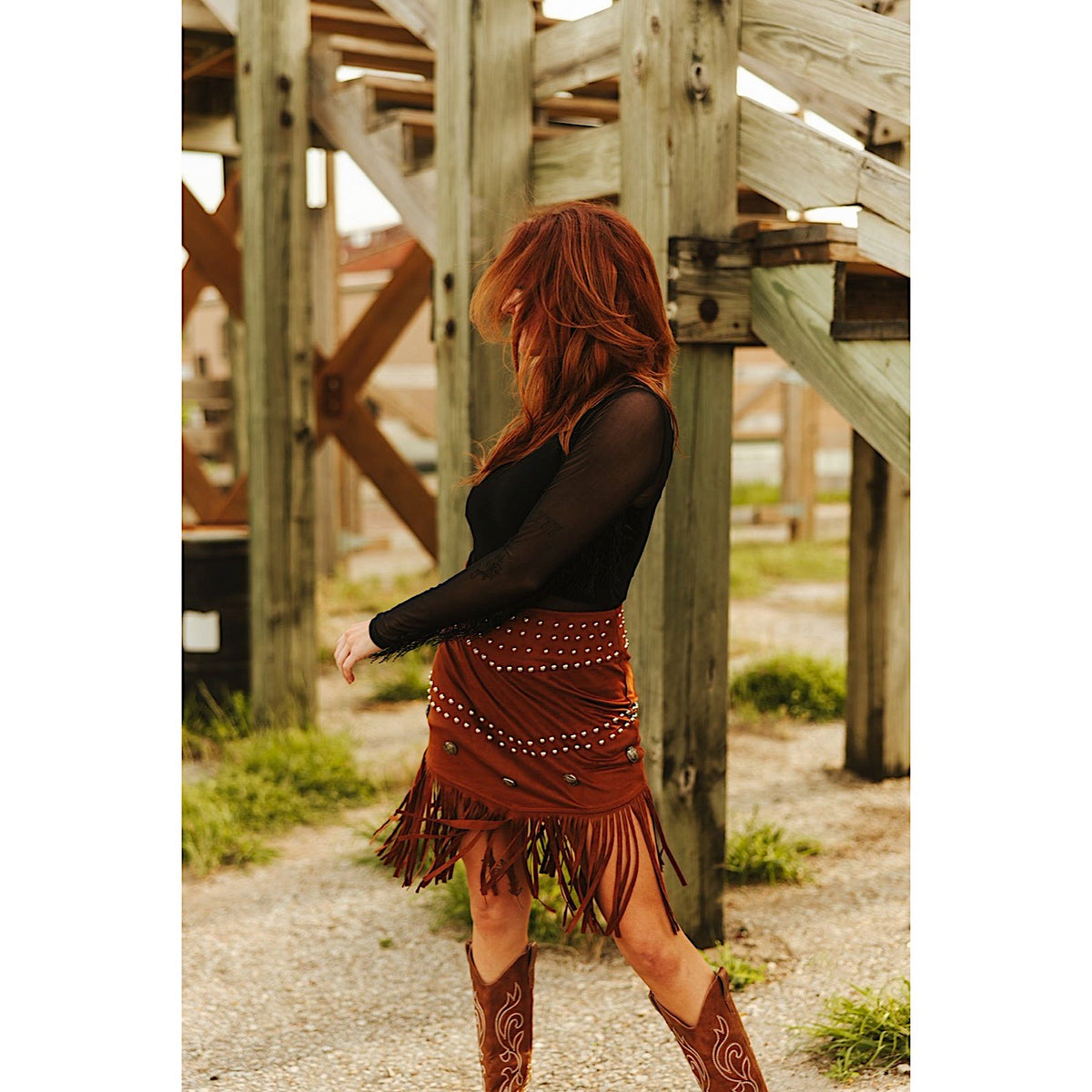 Lucky & Blessed Women's Mesh Fringe Western Bodysuit - Black