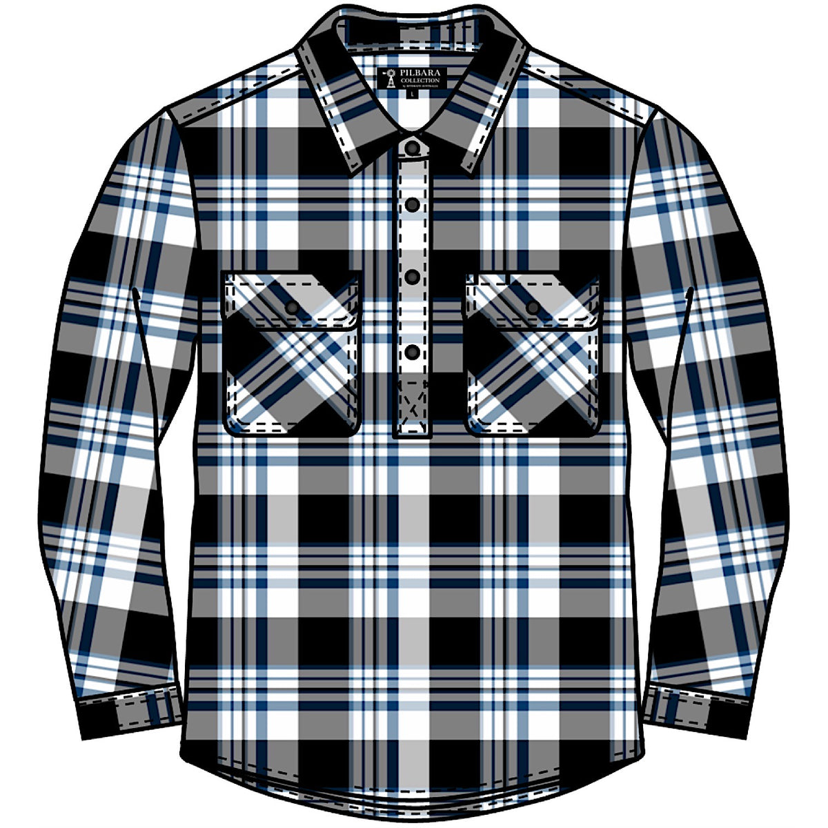 Pilbara Men’s Closed Front Flannelette Shirt - Black/White/Slate/Blue