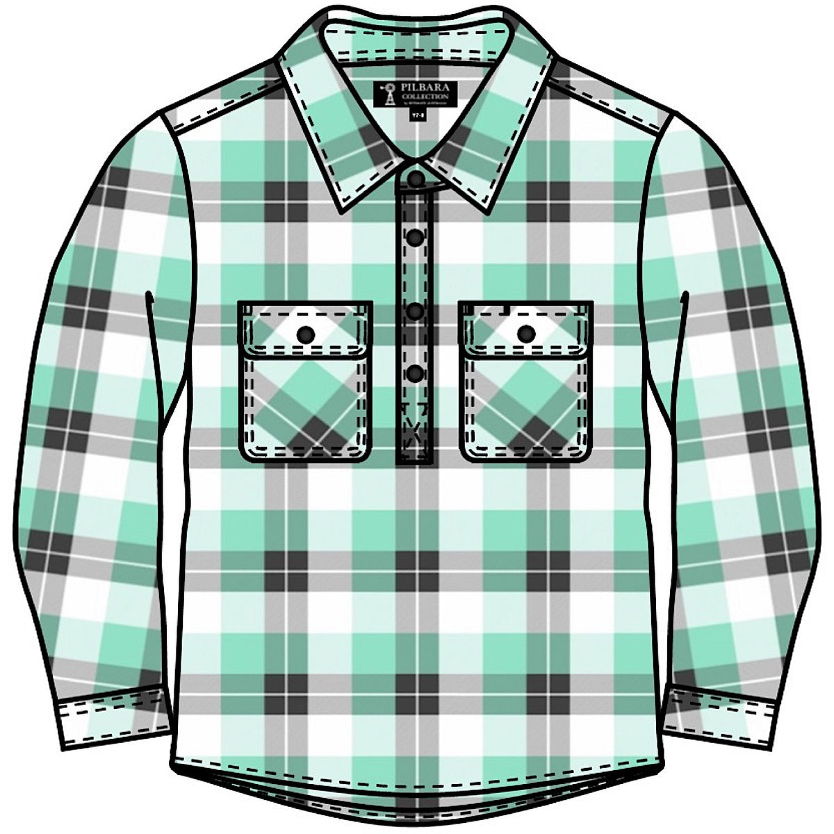 Pilbara Kid's Closed Front Flannelette Shirt - Beach Glass/Grey/White
