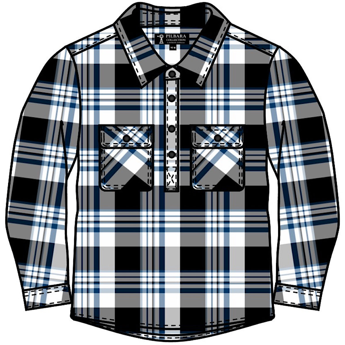 Pilbara Kid's Closed Front Flannelette Shirt - Black/White/Slate/Blue