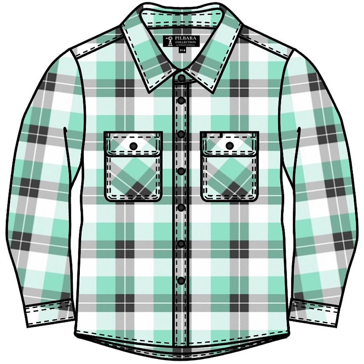 Pilbara Kid's Open Front Flannelette Shirt - Beach Glass/Grey/White