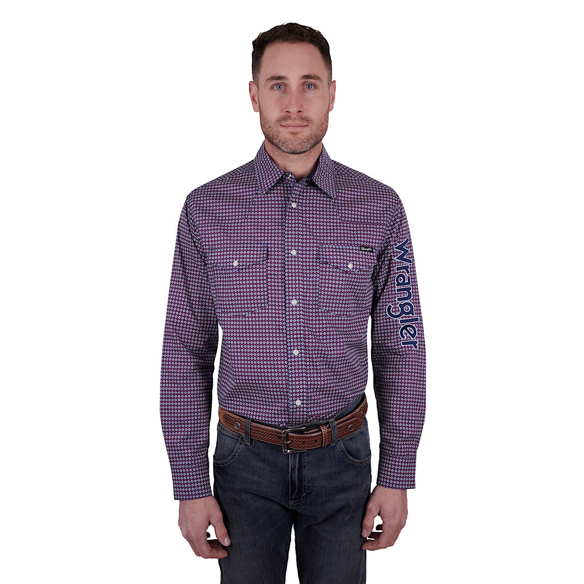 Wrangler Mens Mark Print Logo Western L/S Shirt Navy/Red