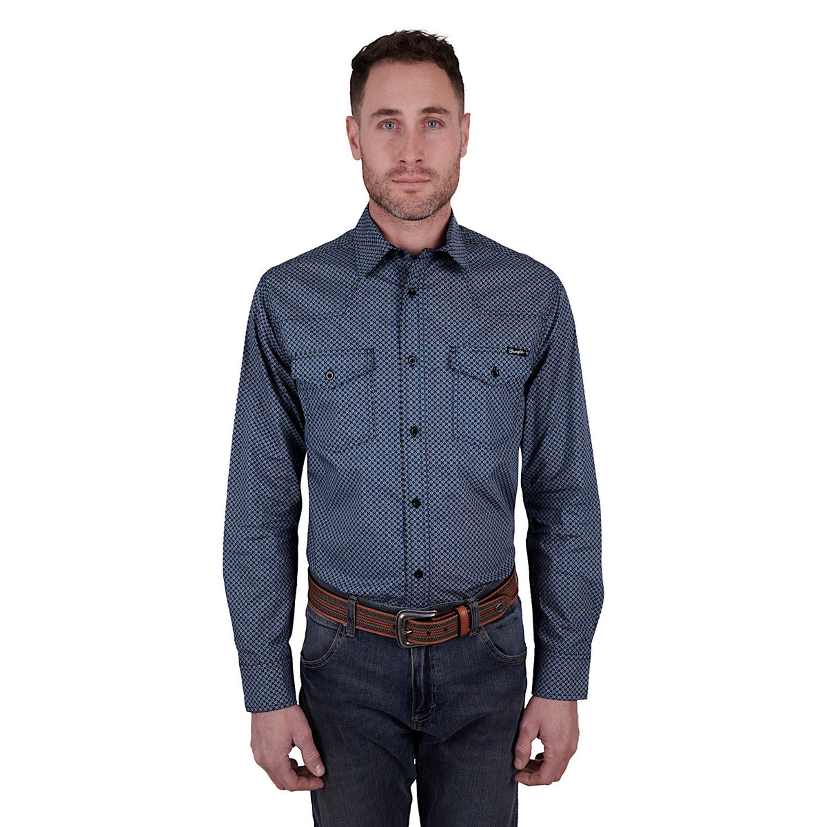 Wrangler Men's Isaac Print Western Button Down Shirt Black/Blue