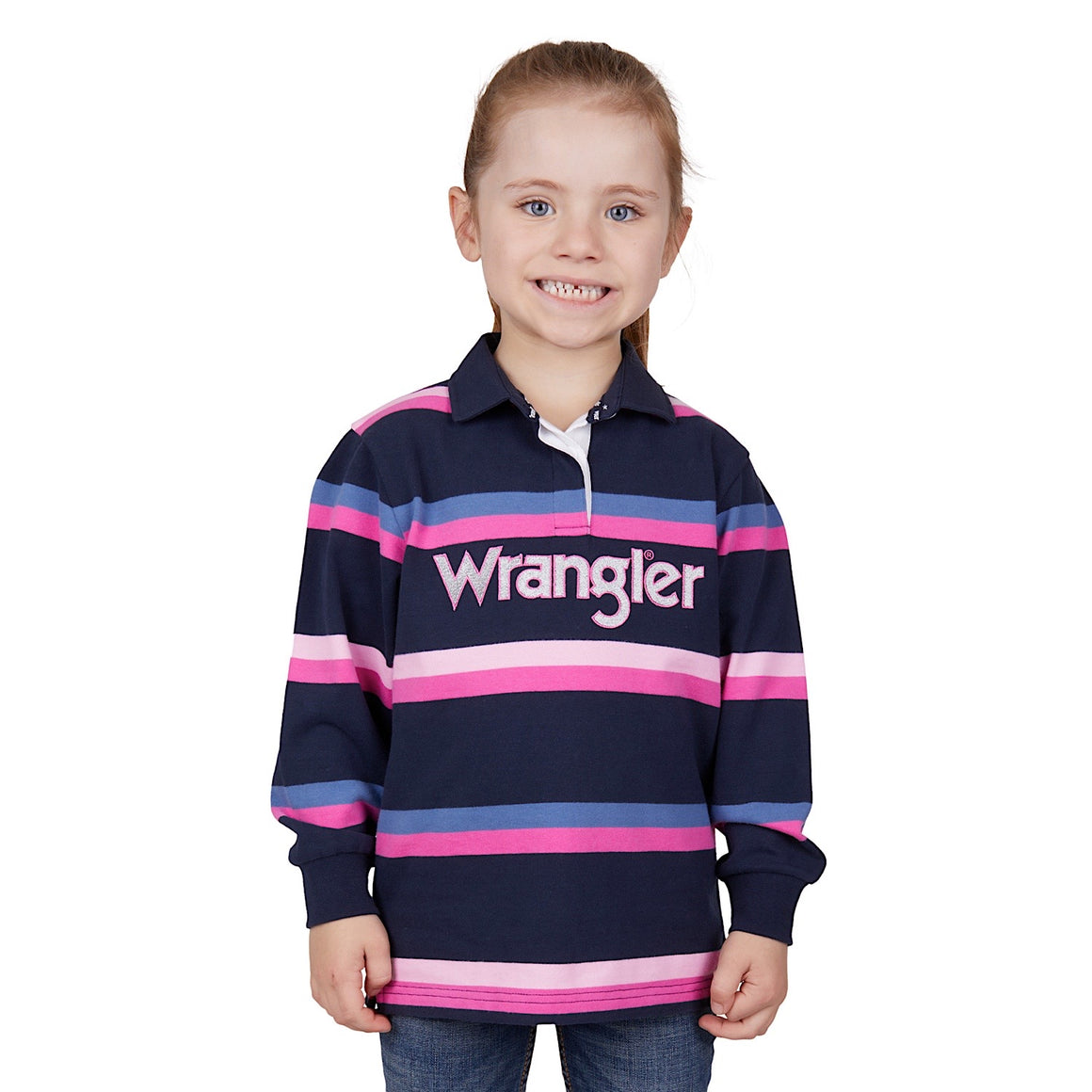 Wrangler Girls Jada Stripe Rugby Navy/Pink