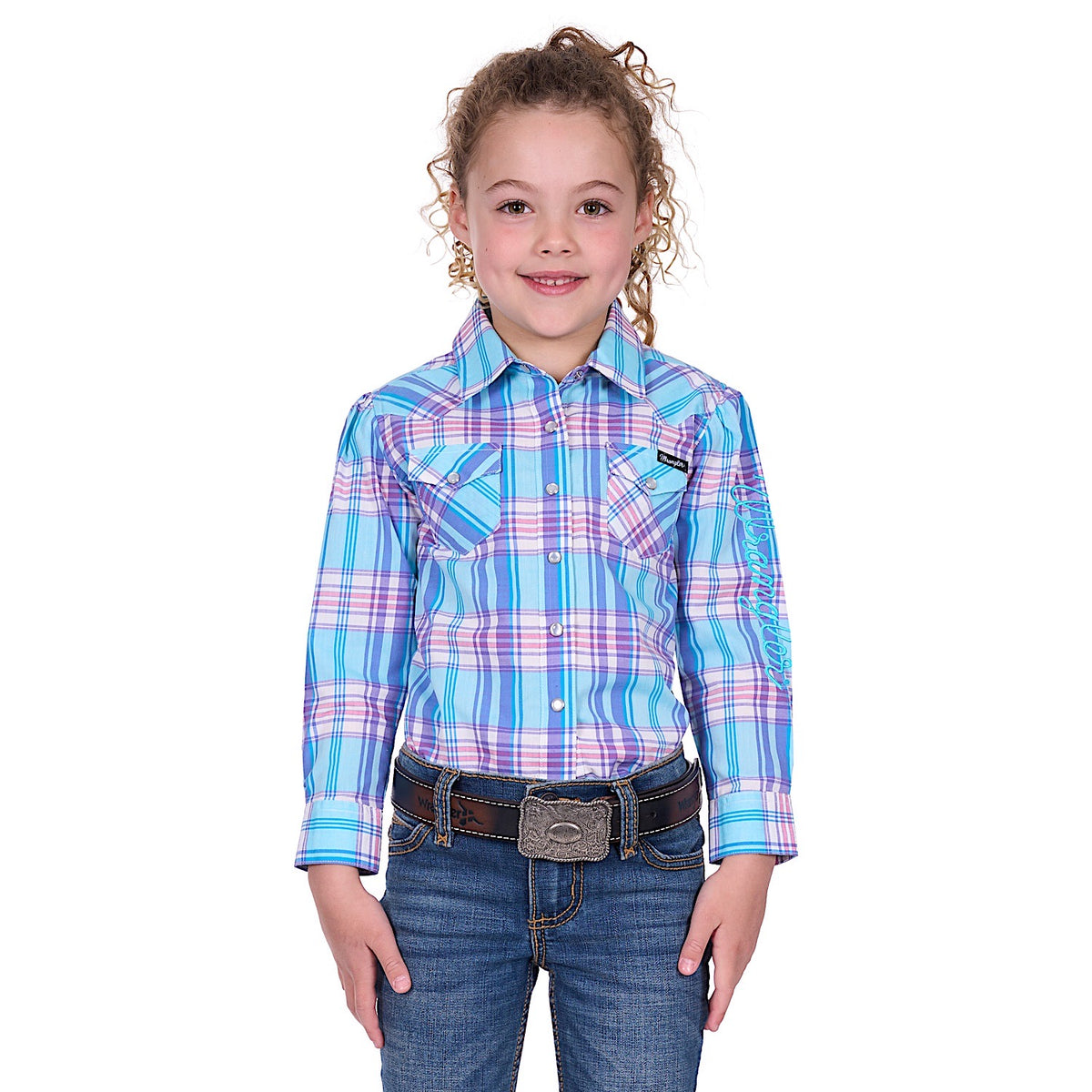 Wrangler Girl's Emily Western Shirt - Blue/Pink Check