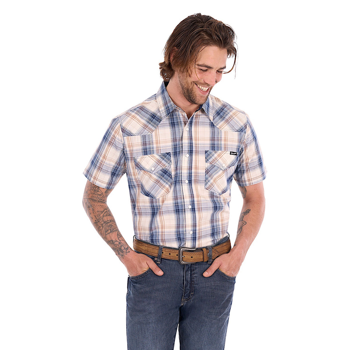 Wrangler Men's Adrian Short Sleeve Shirt - Navy / Tan