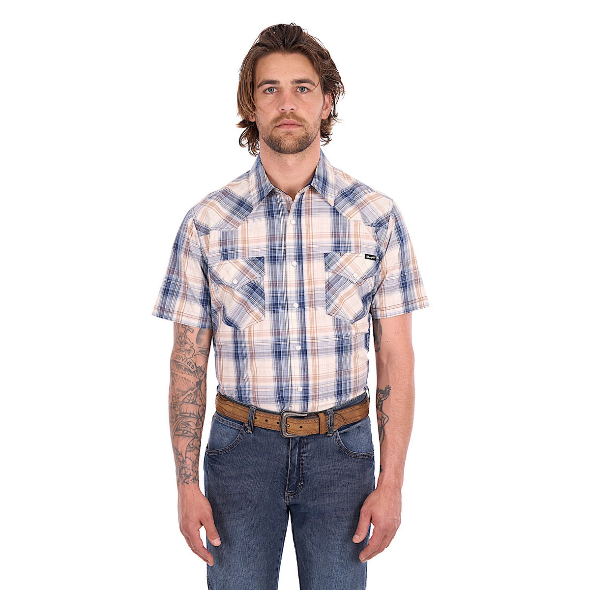 Wrangler Men's Adrian Short Sleeve Shirt - Navy / Tan