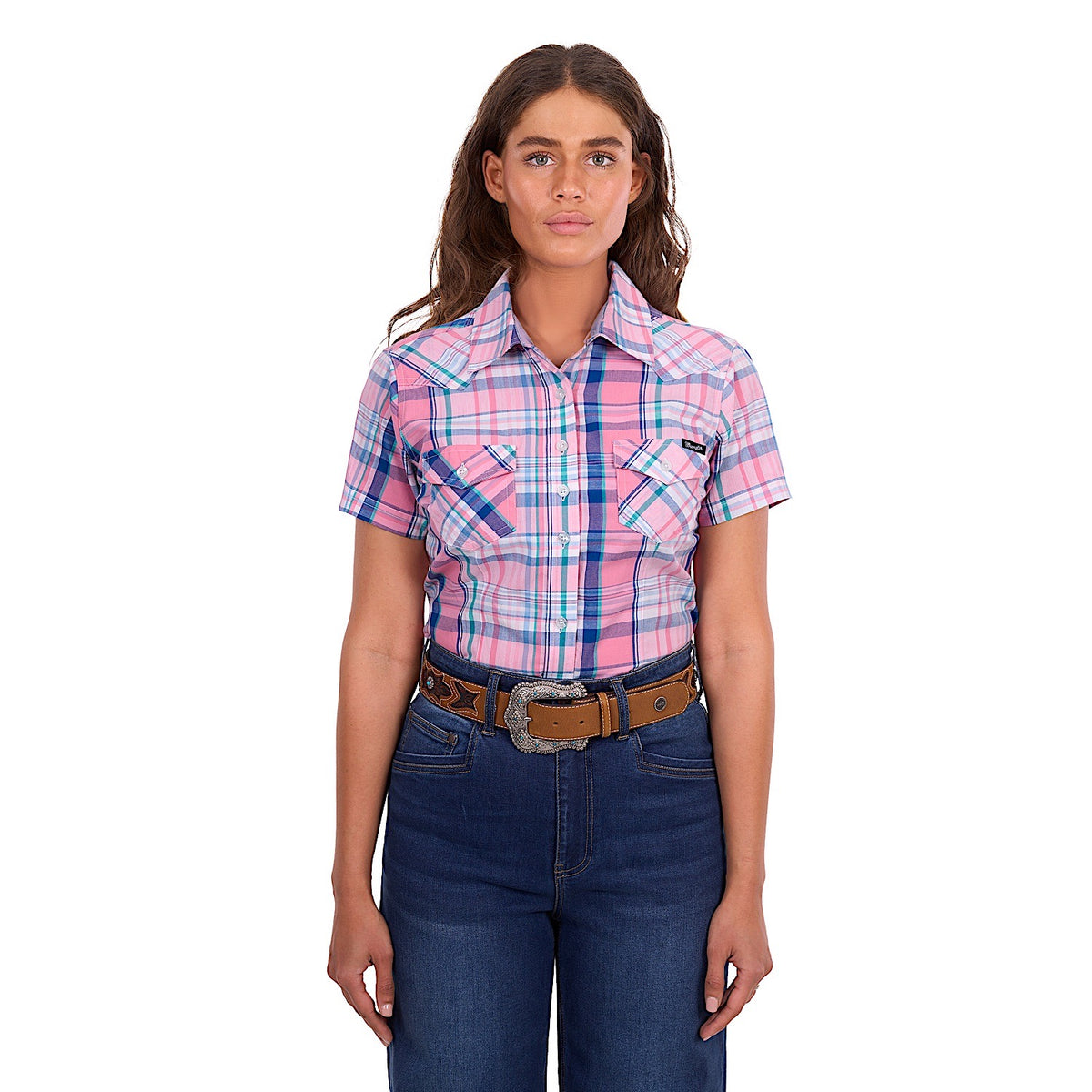 Wrangler Women's Kiara Short Sleeve Shirt - Blue / Pink