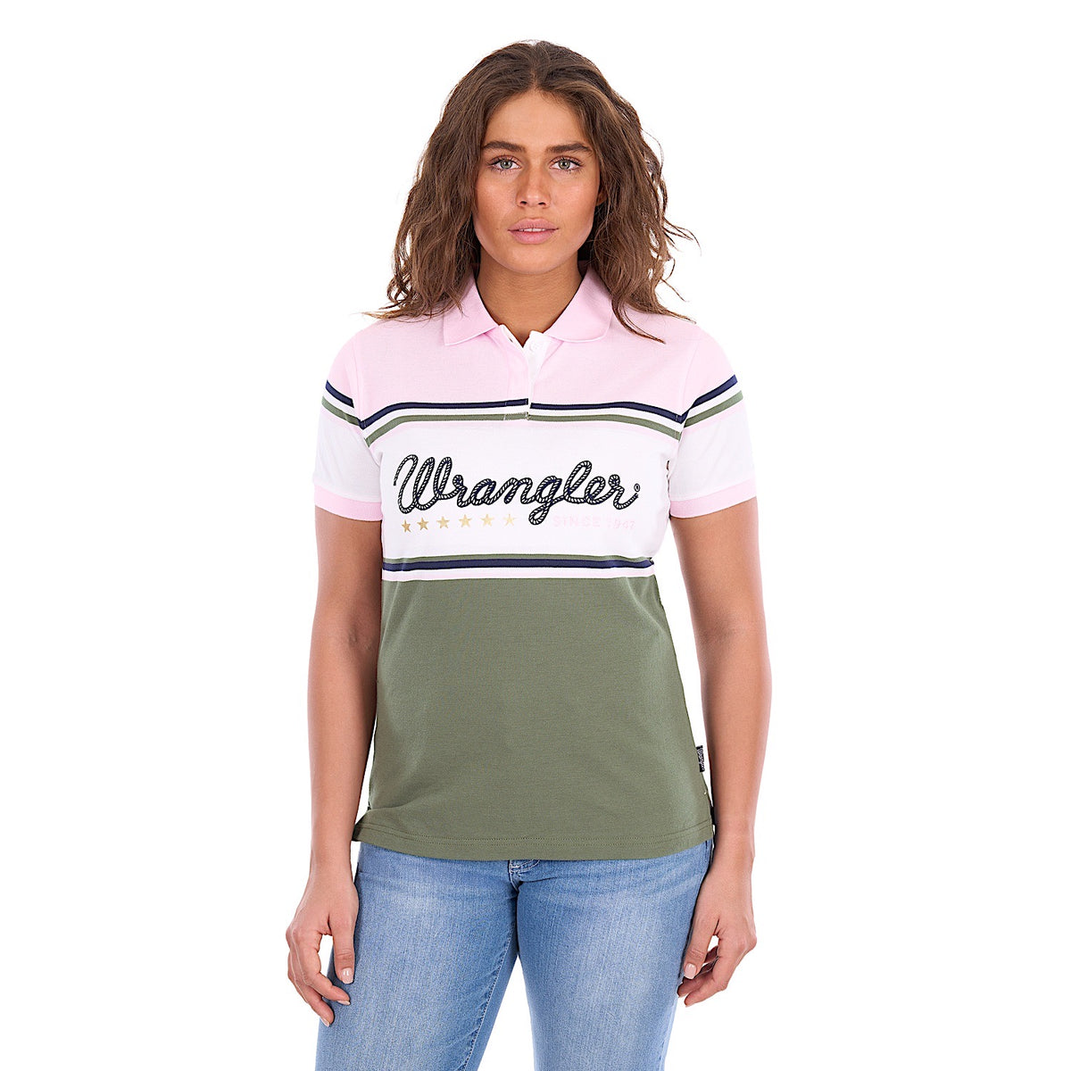 Wrangler Women's Stephanie Polo - Olive / Pastel Pink