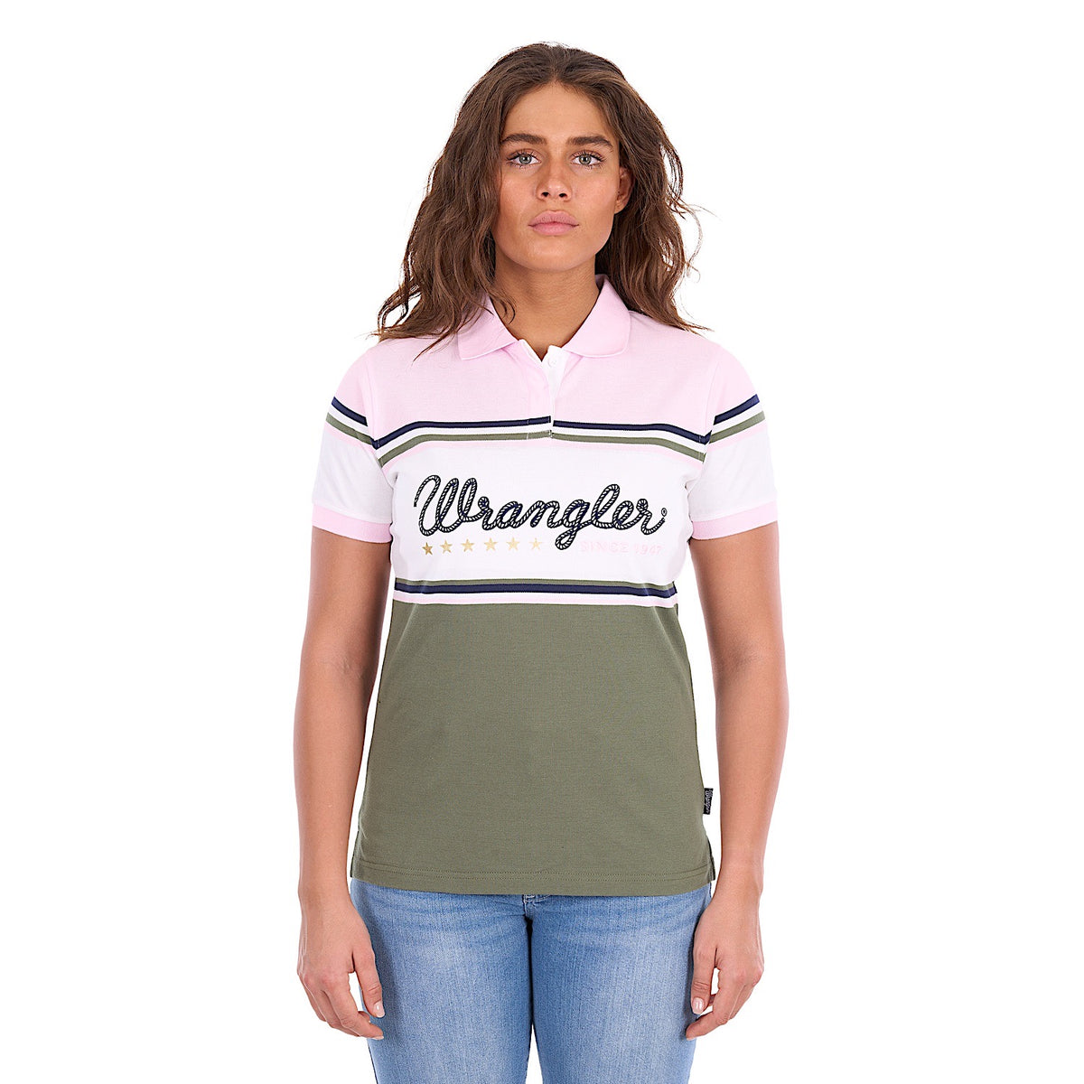 Wrangler Women's Stephanie Polo - Olive / Pastel Pink