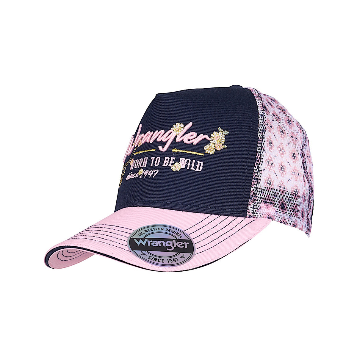 Wrangler Bella Hgh Profile Ponytail Trucker Cap - Navy / Pastel Pink