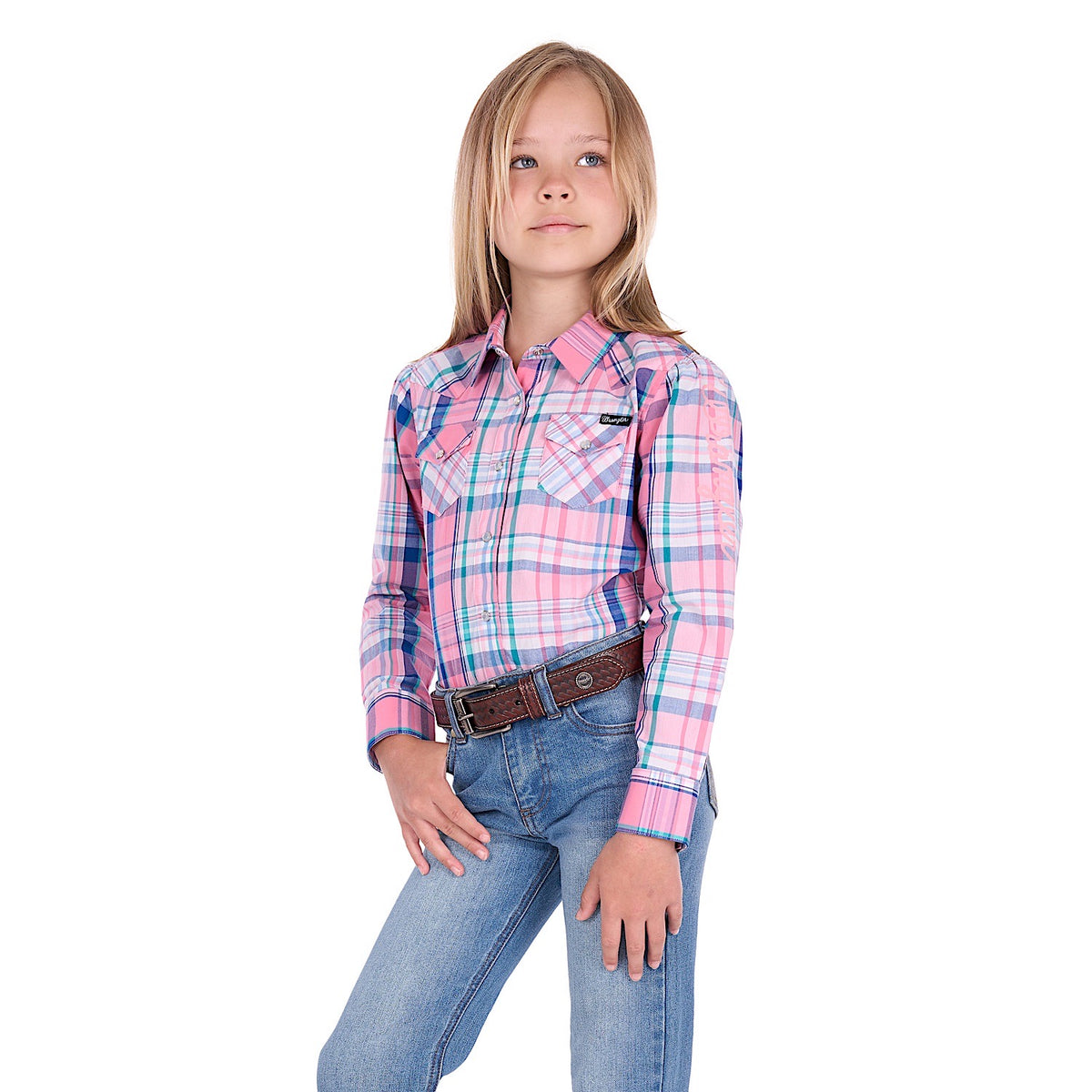 Wrangler Girl's Kiara Logo Shirt - Blue / Pink