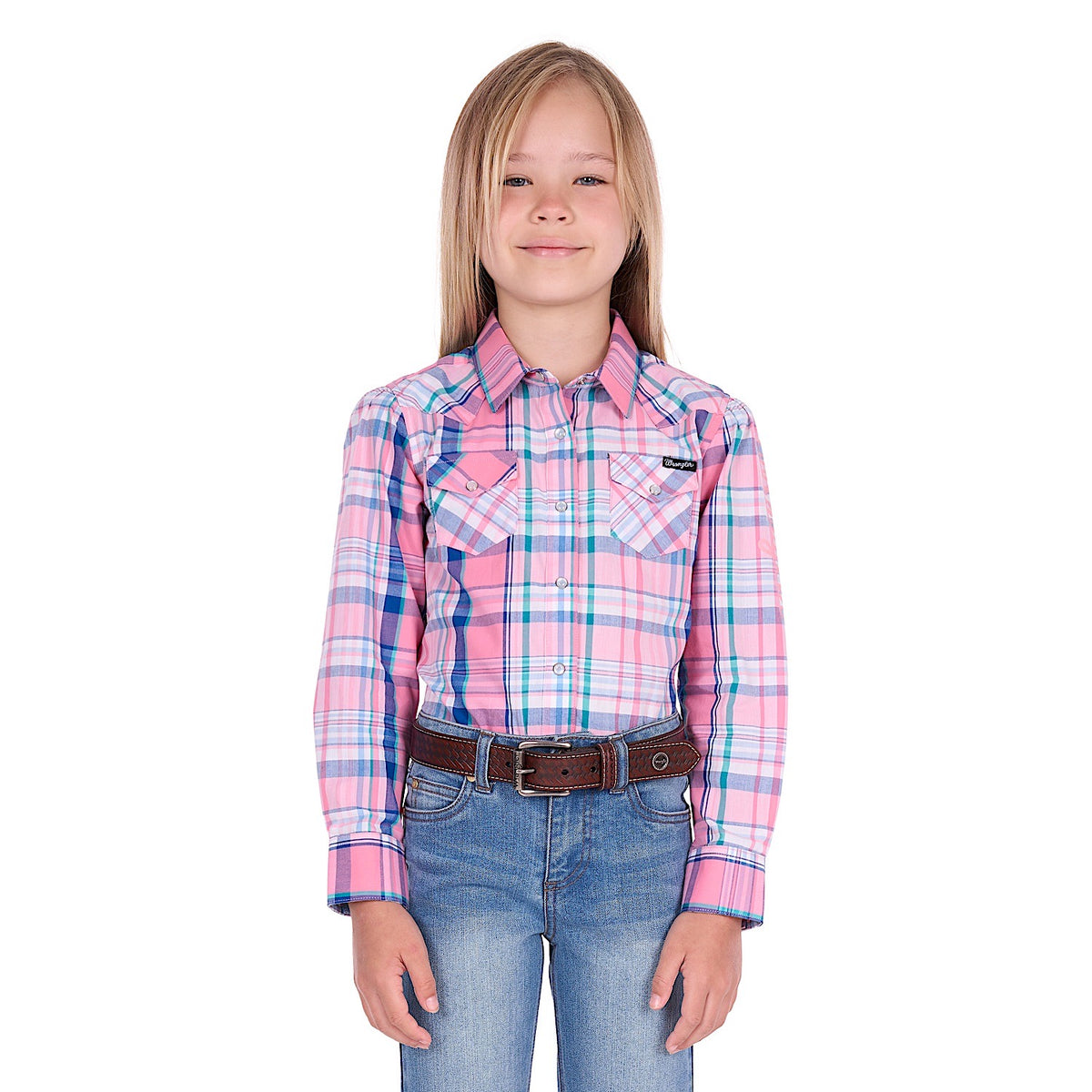 Wrangler Girl's Kiara Logo Shirt - Blue / Pink
