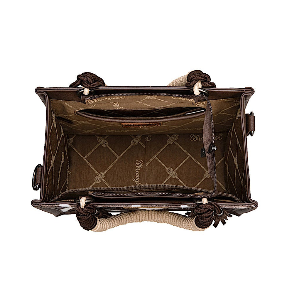 Wrangler Women's Cow Print Tassel Crossbody Bag - Chocolate