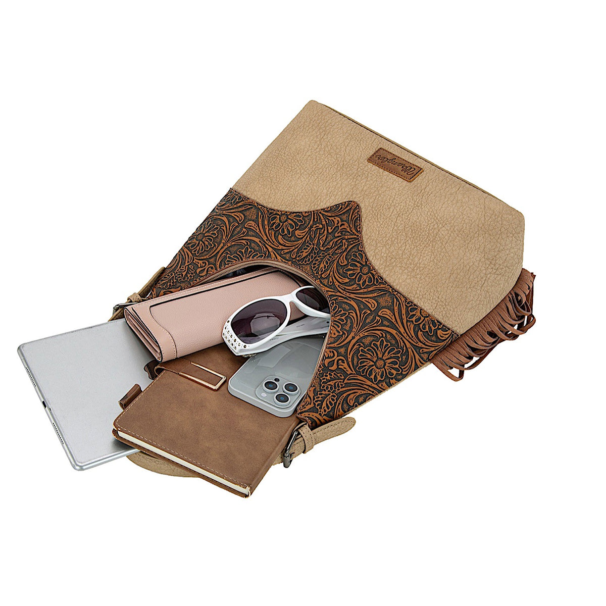 Wrangler Women's Tooled Fringe Shoulder Bag - Camel/Tan