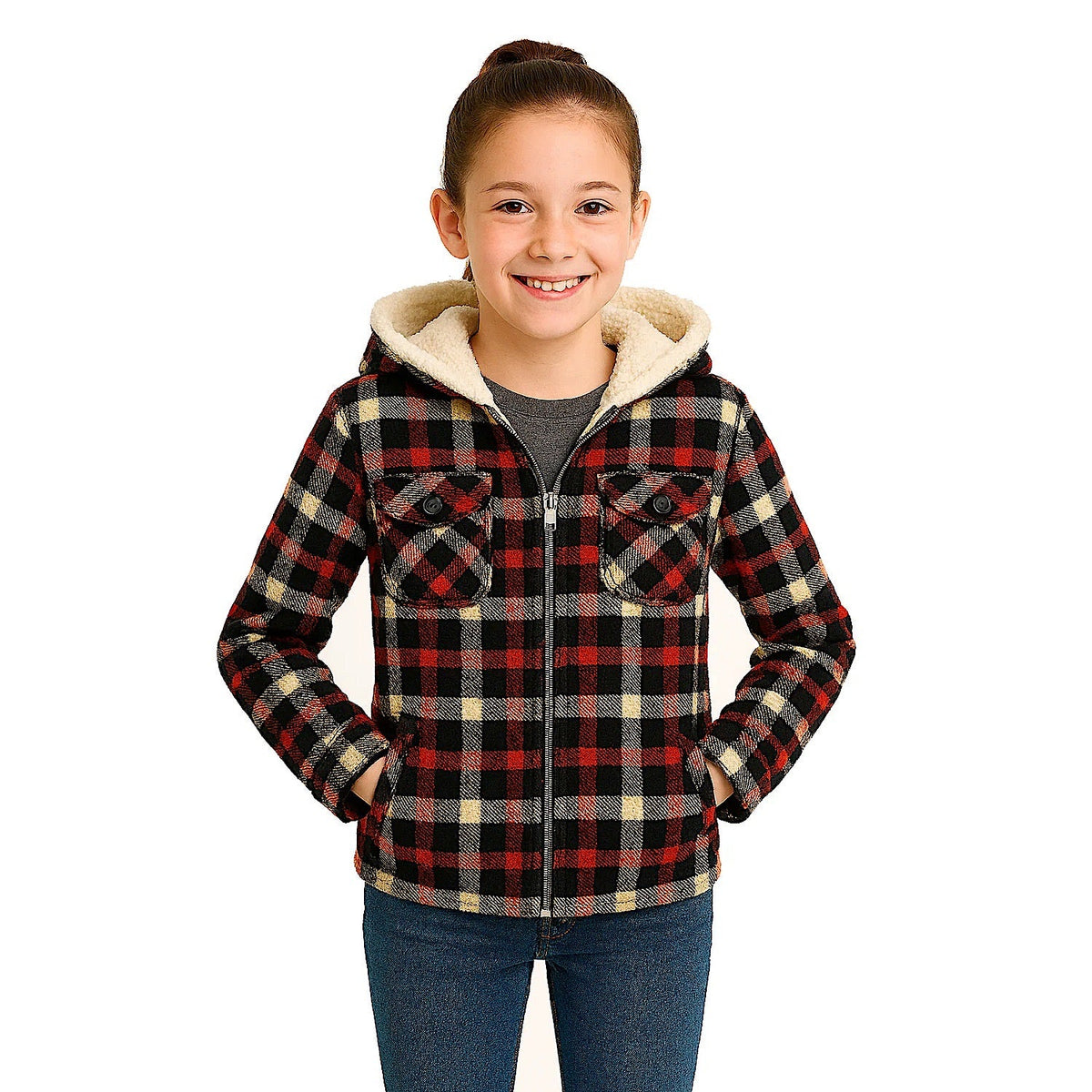 Adventureline Kid’s Sherpa Hoodie - Navy Auburn Check