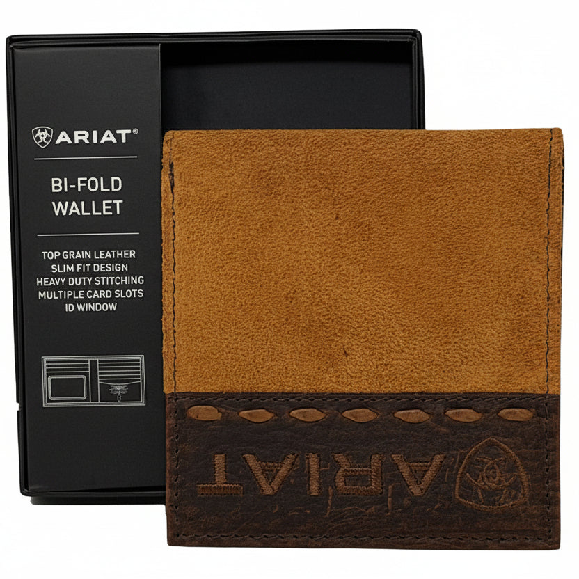 Brown leather bi-fold wallet with Ariat branding on a white background