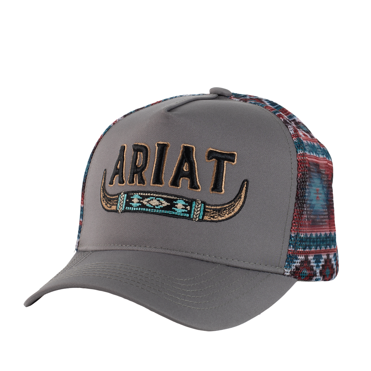 Ariat Longhorn Trucker Cap - Grey / Aztec Mesh