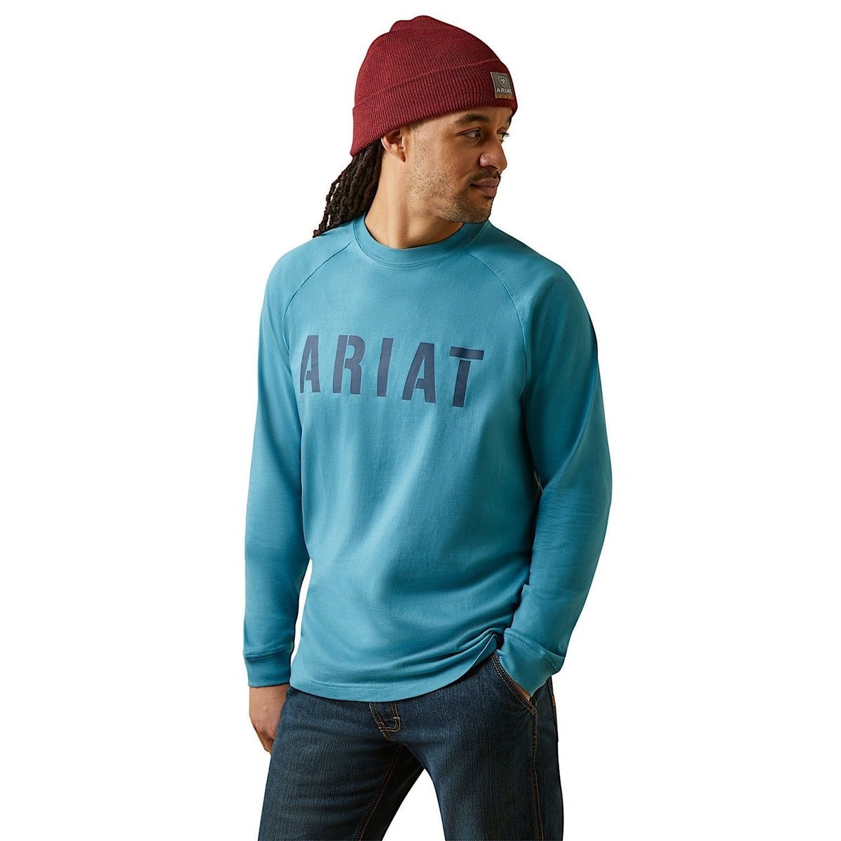Ariat Mens Rebar Cotton Strong Block L/S Tee Storm Blue/Indian Teal