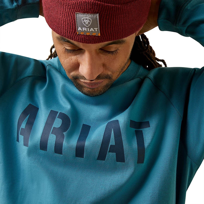 Ariat Mens Rebar Cotton Strong Block L/S Tee Storm Blue/Indian Teal