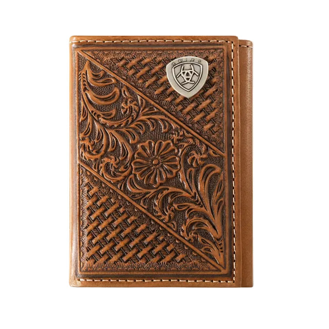 Ariat Mens Trifold Style Wallet Basket Weave Floral Shield - Tan