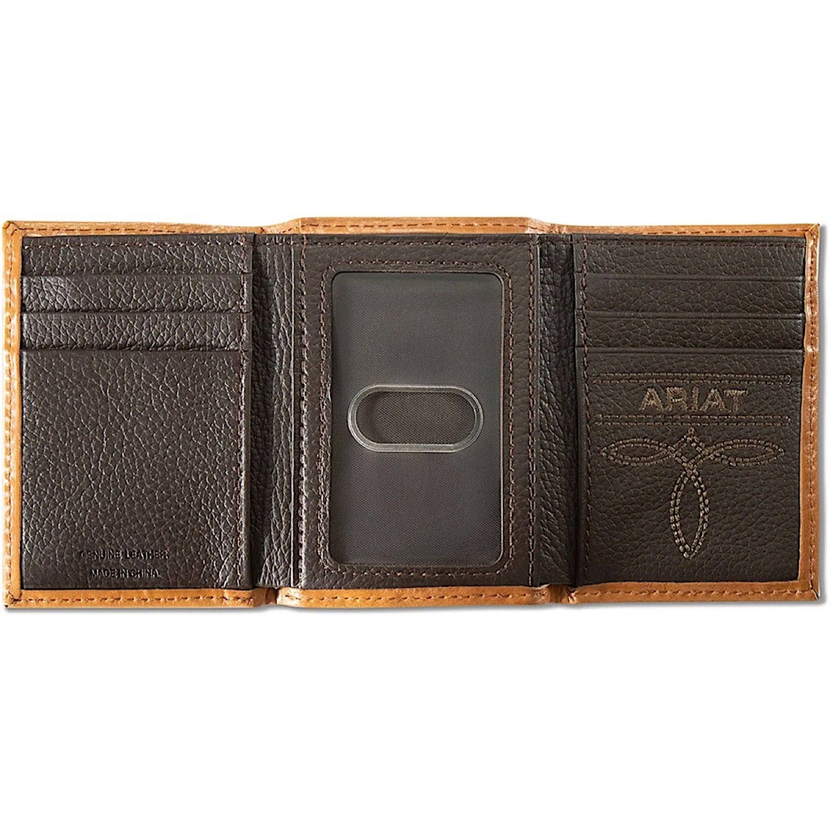 Ariat Mens Trifold Style Wallet Basket Weave Floral Shield - Tan