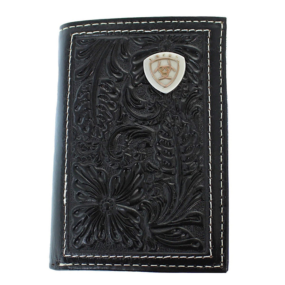 Ariat Mens Trifold Style Wallet Floral Embossed Shield - Black