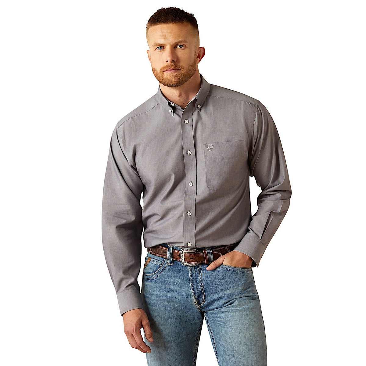 Ariat Mens Wrinkle Free Solid Classic Fit Shirt - Grey