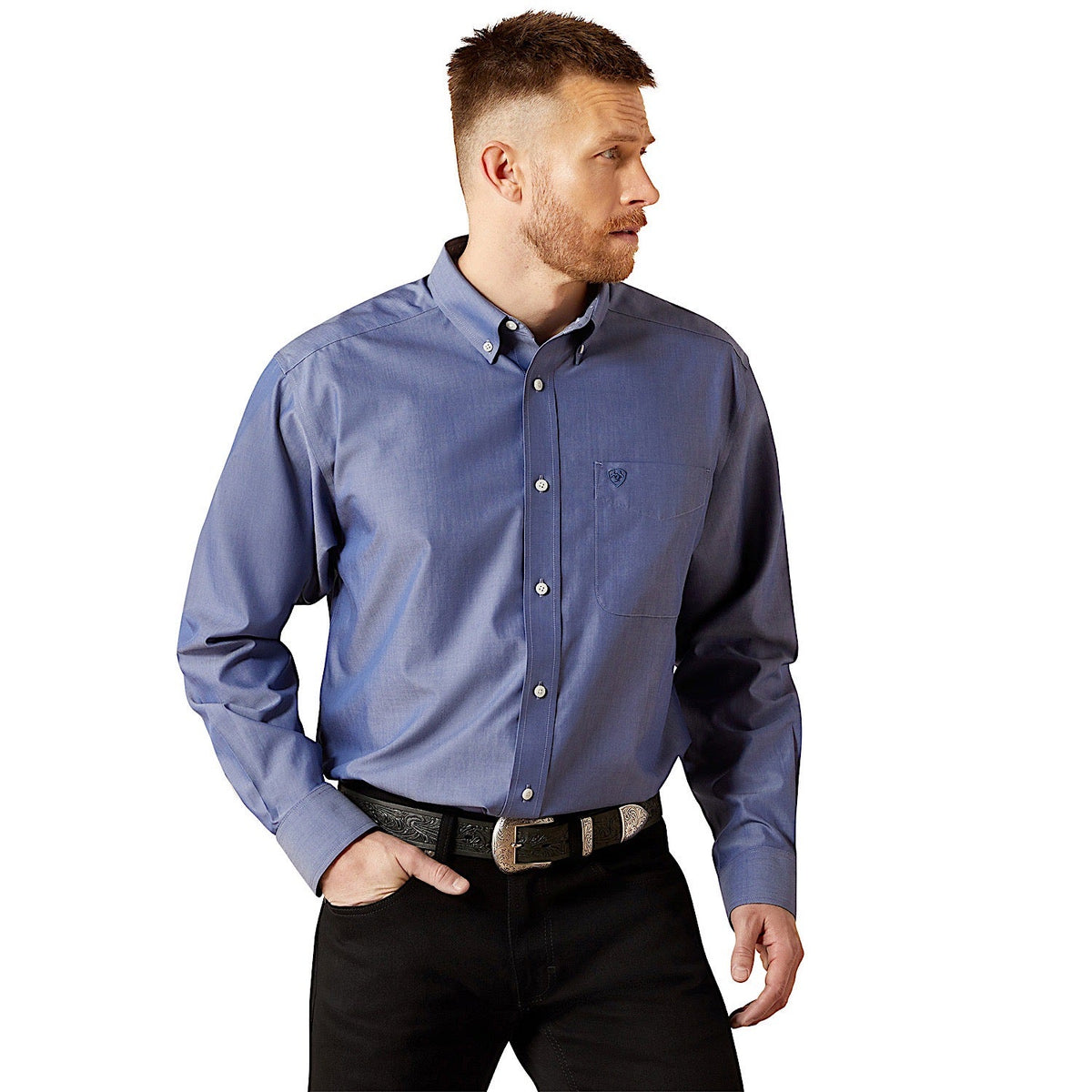 Ariat Men’s Wrinkle Free Solid Pinpoint Oxford Classic Fit Shirt - Blue