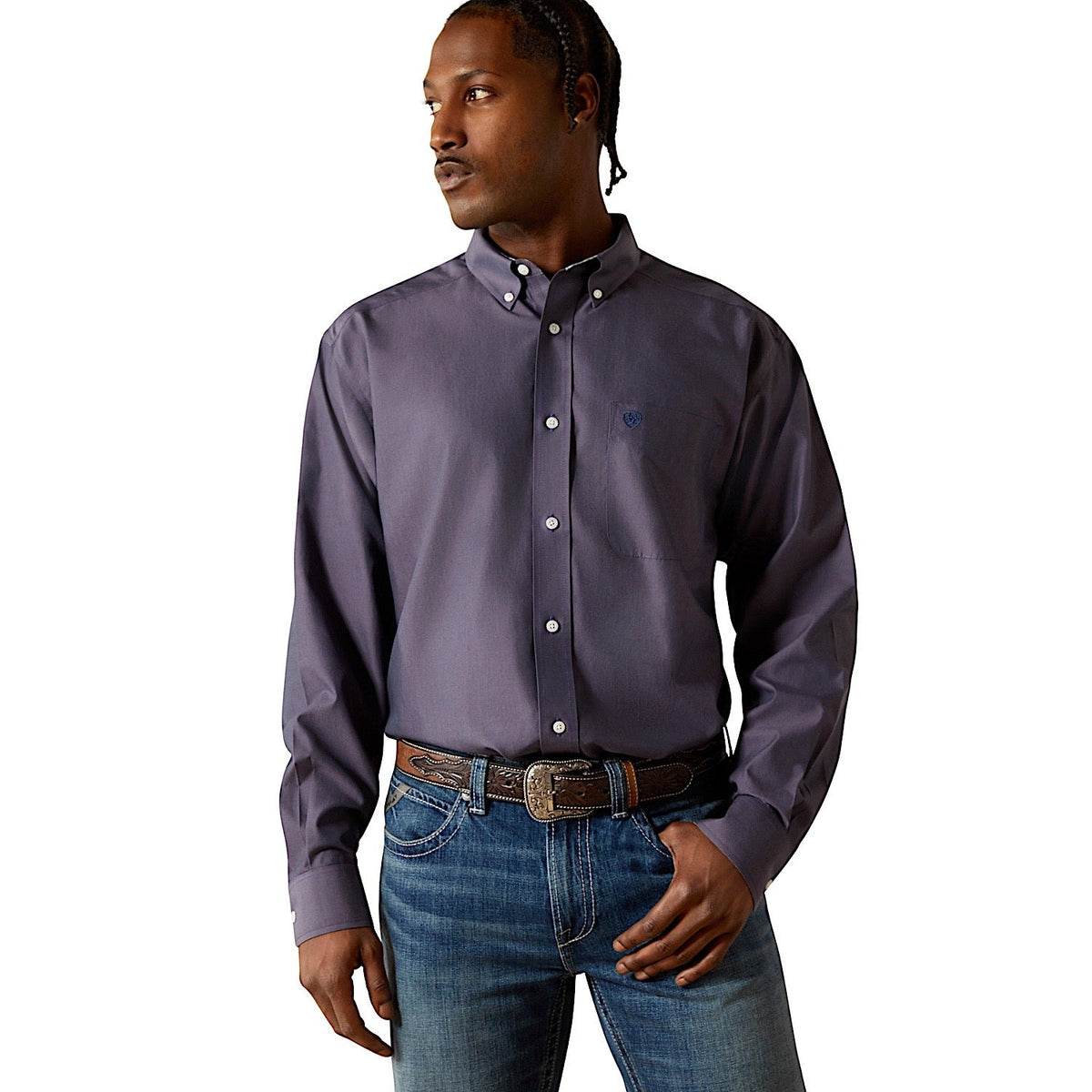 Ariat Mens Wrinkle Free Solid Pinpoint Oxford Classic Fit Shirt - Navy