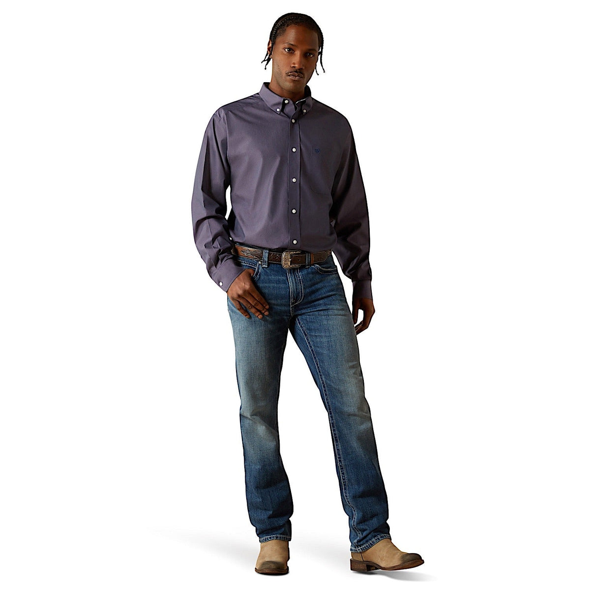 Ariat Mens Wrinkle Free Solid Pinpoint Oxford Classic Fit Shirt - Navy