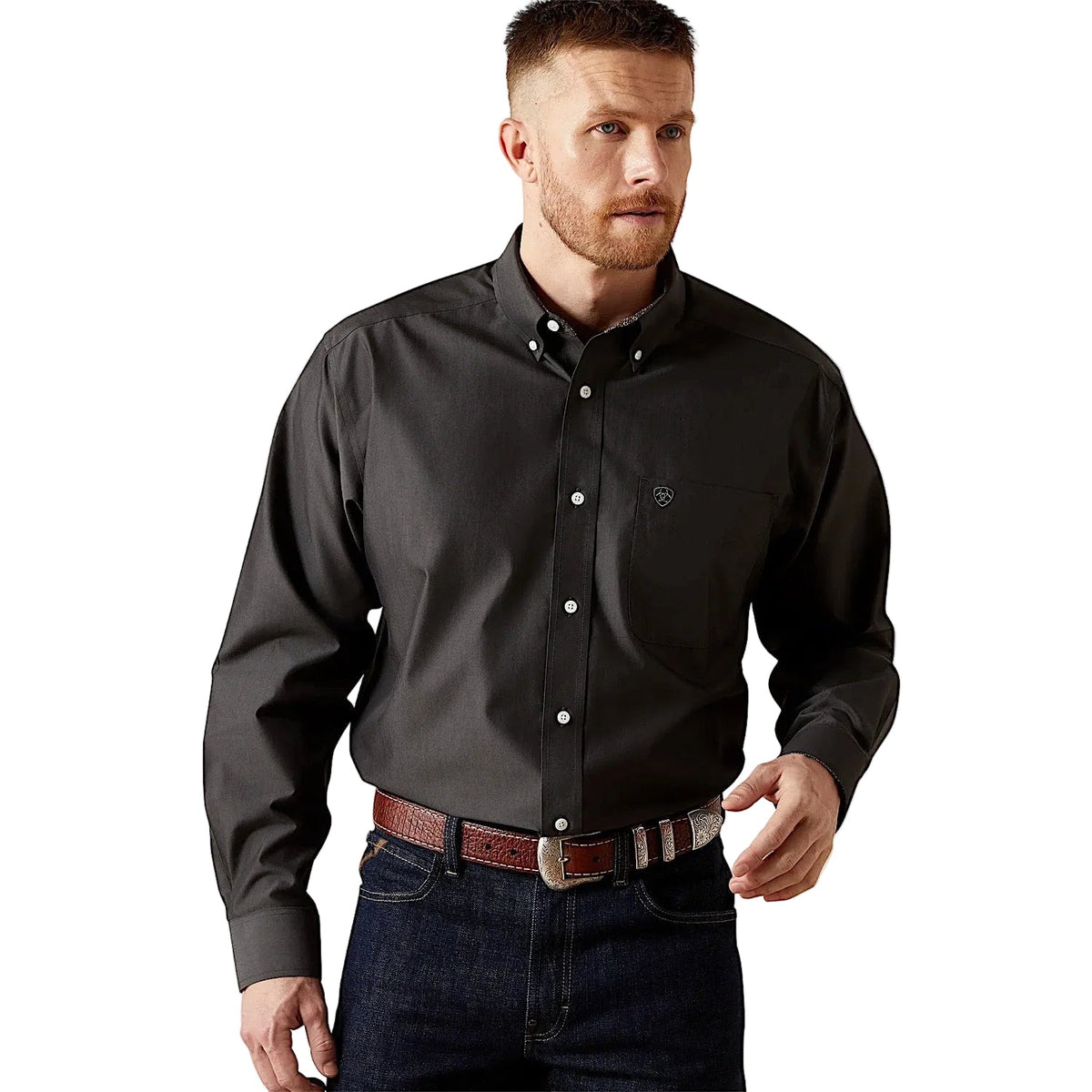 Ariat Men’s Wrinkle Free Solid Pinpoint Oxford Shirt - Black